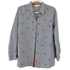 Rafaella Weekend Navy Blue & White Stripe Lobster Nautical Blouse Resort Wear M